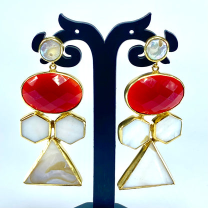 Bold Geometric Red & Mother of Pearl Drop Earrings