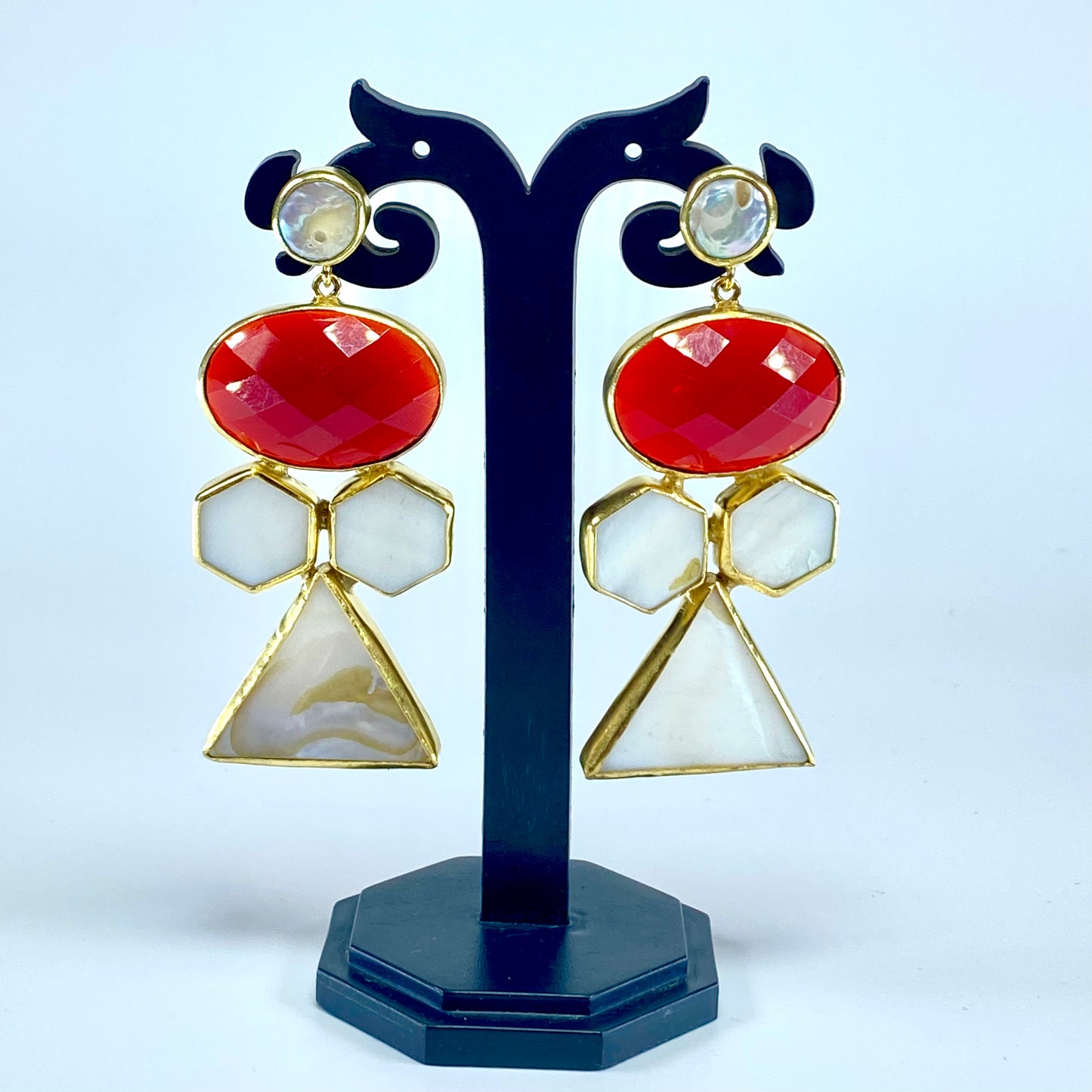 Bold Geometric Red & Mother of Pearl Drop Earrings