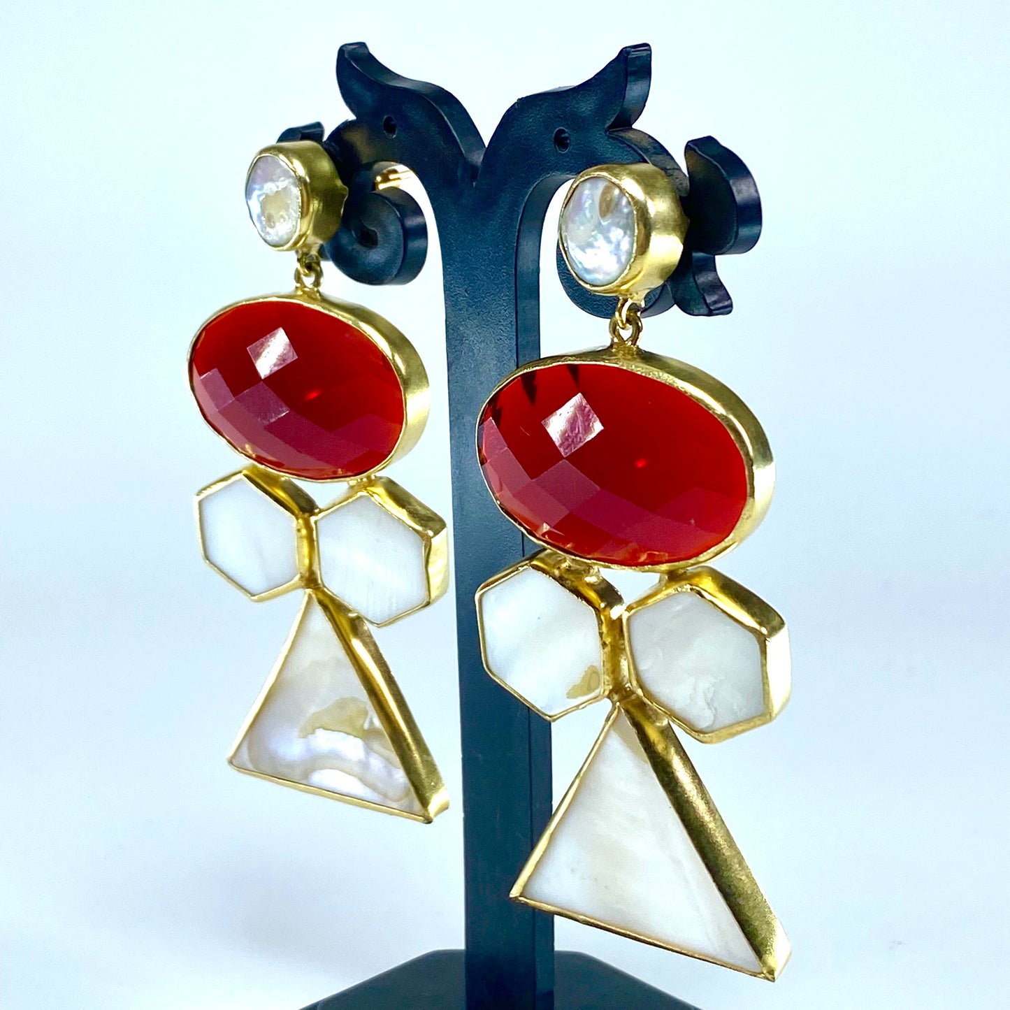 Bold Geometric Red & Mother of Pearl Drop Earrings