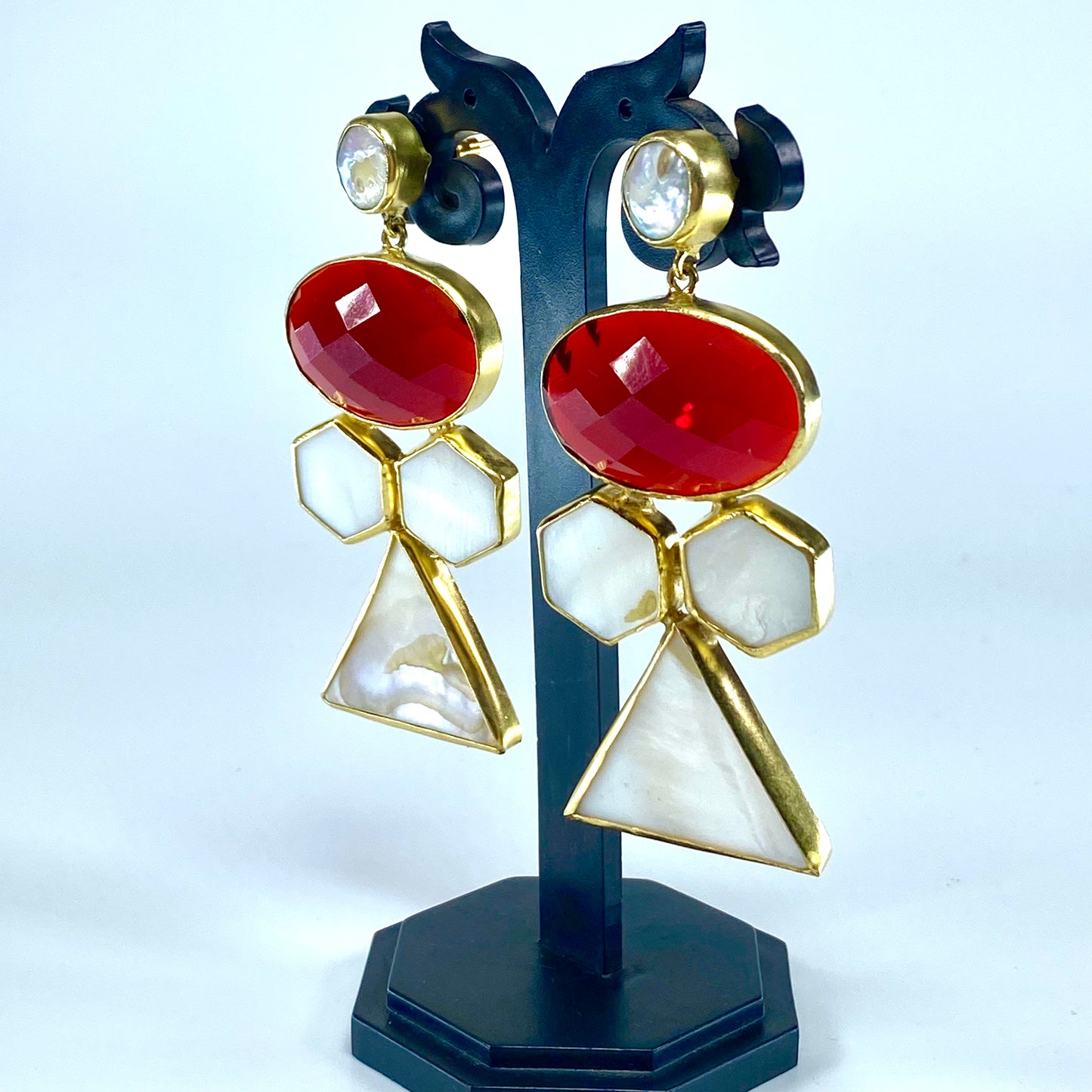 Bold Geometric Red & Mother of Pearl Drop Earrings